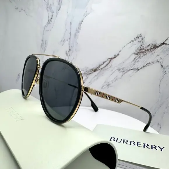 New Burberry Sunglasses Polarized Gold Black Check Arms Aviator Pilot Metal - Picture 11 of 16